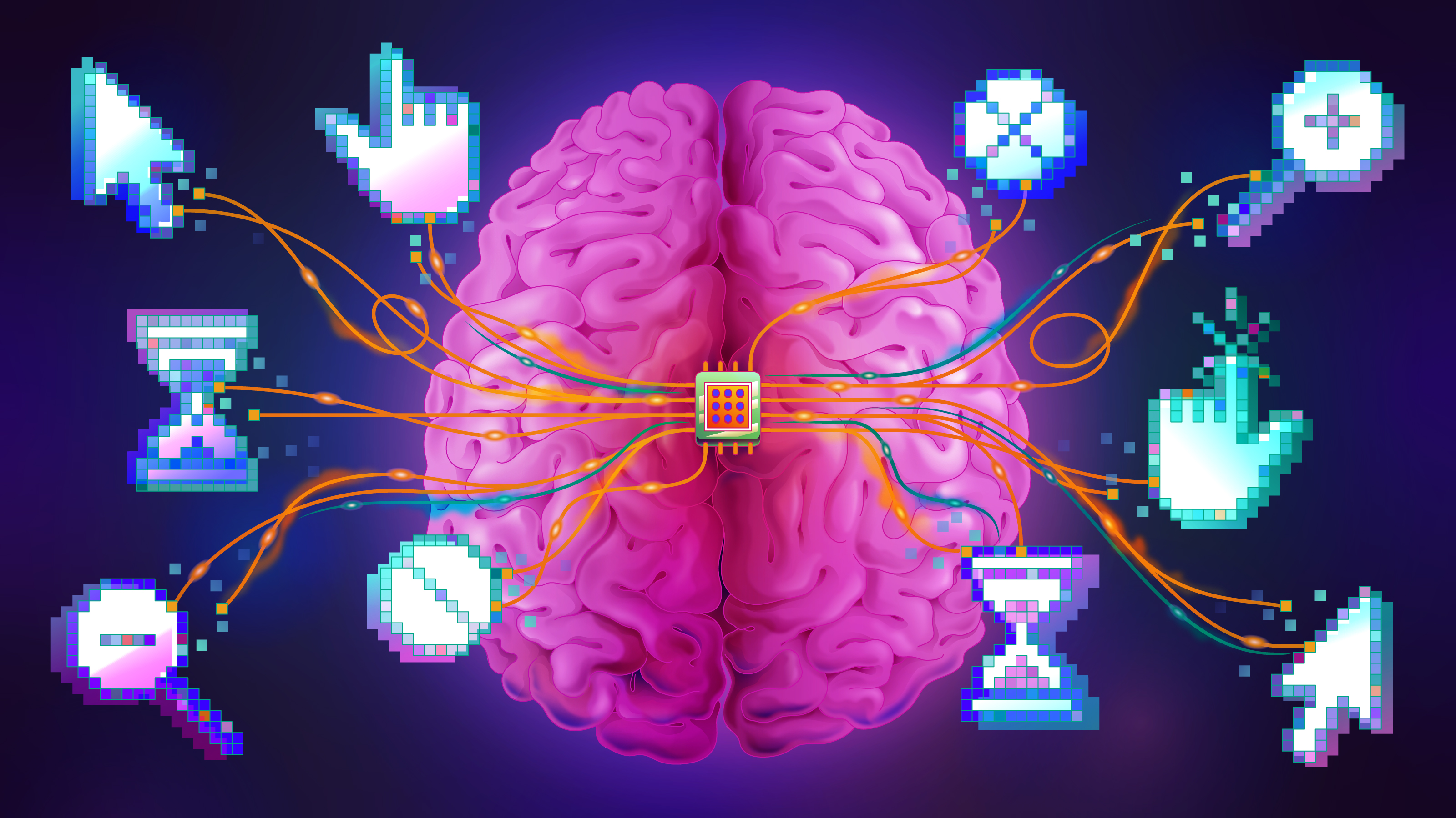 brain with glowing links to computer icons like cursors and zoom magnifiers