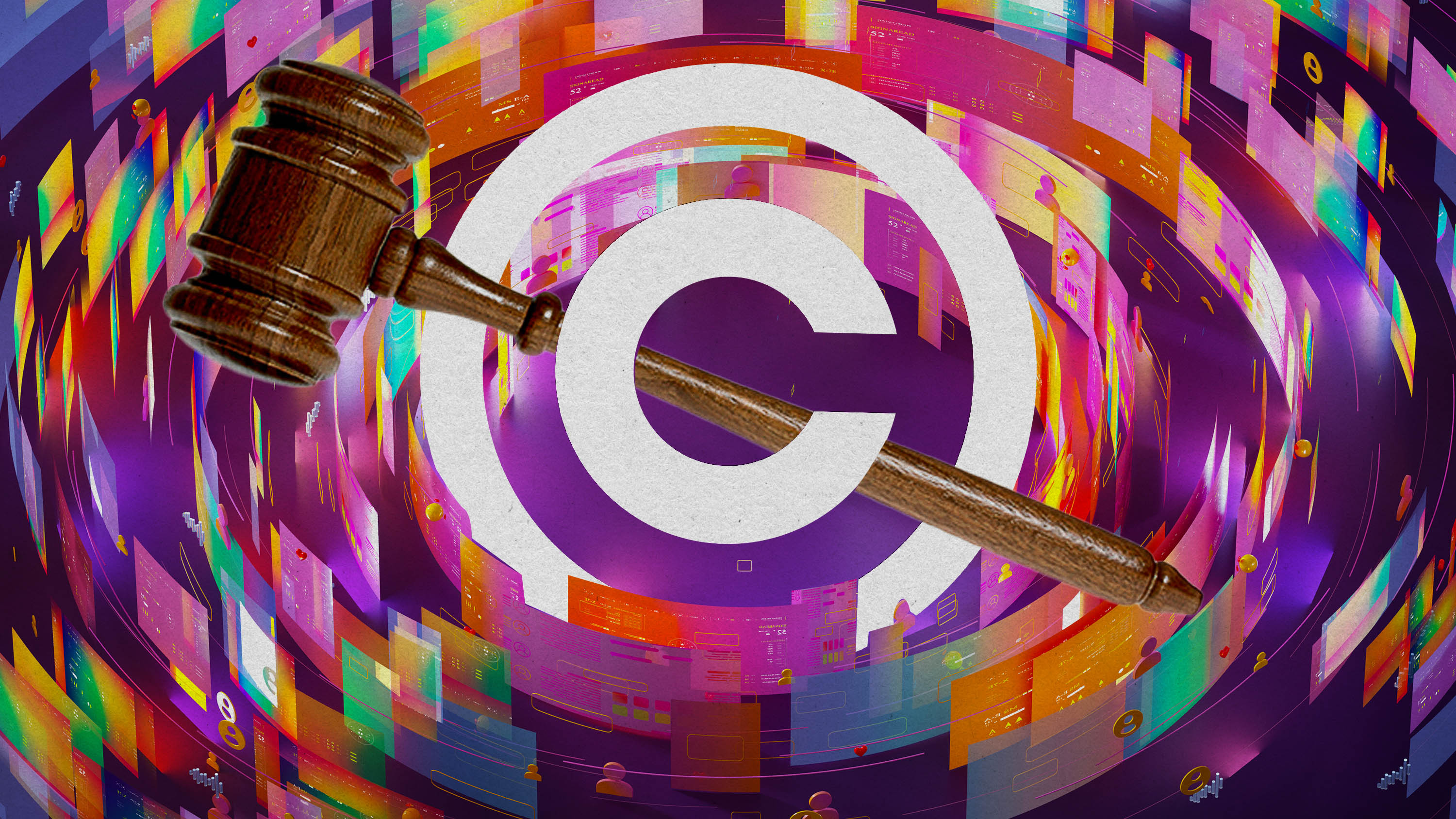 A photo illustration shows the copyright symbol surrounded by digital screens, with a gavel in the middle.