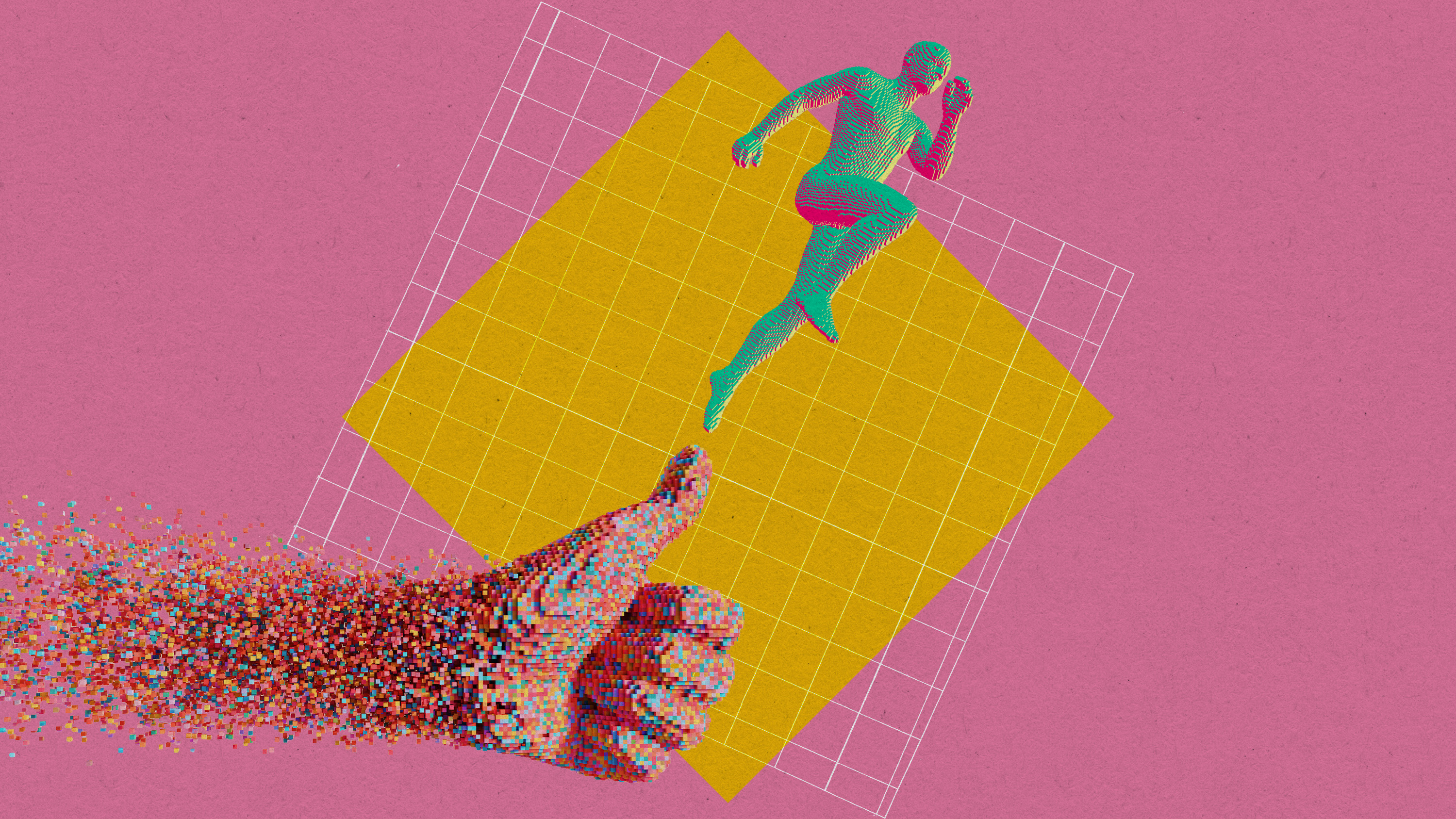 pixelated thumbs up and person running