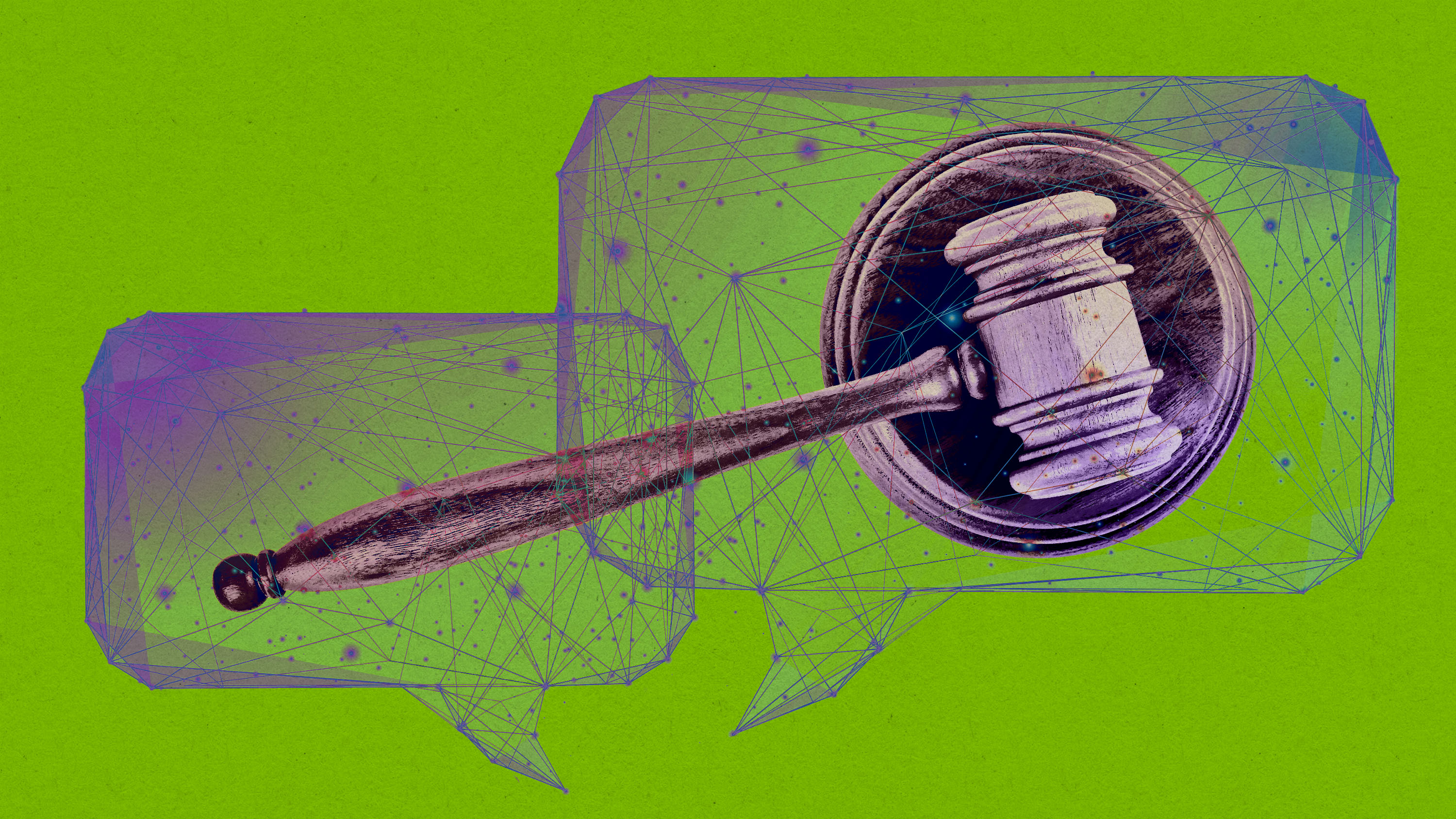 A photo illustration shows a judge's gavel layered into two digital speech bubbles.