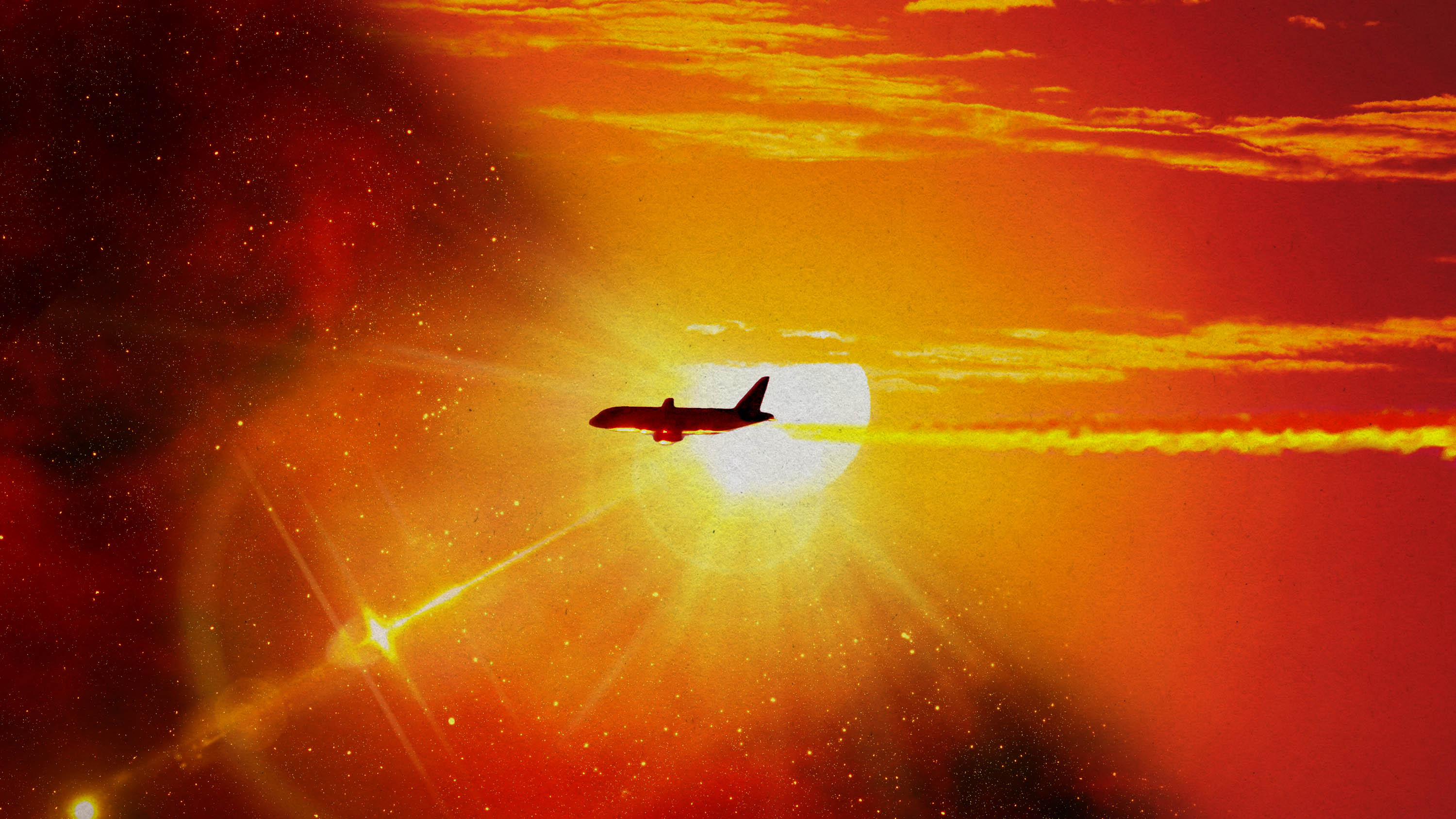 A photo illustration shows an airplane flying, leaving contrail trace, toward a solar flare in space and with a sunset behind it.