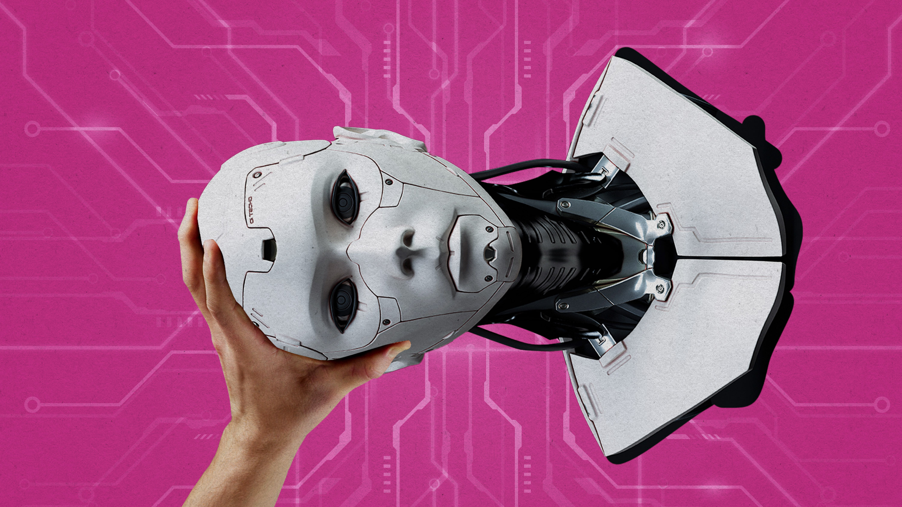 A photo illustration shows a human hand holding a humanoid head.