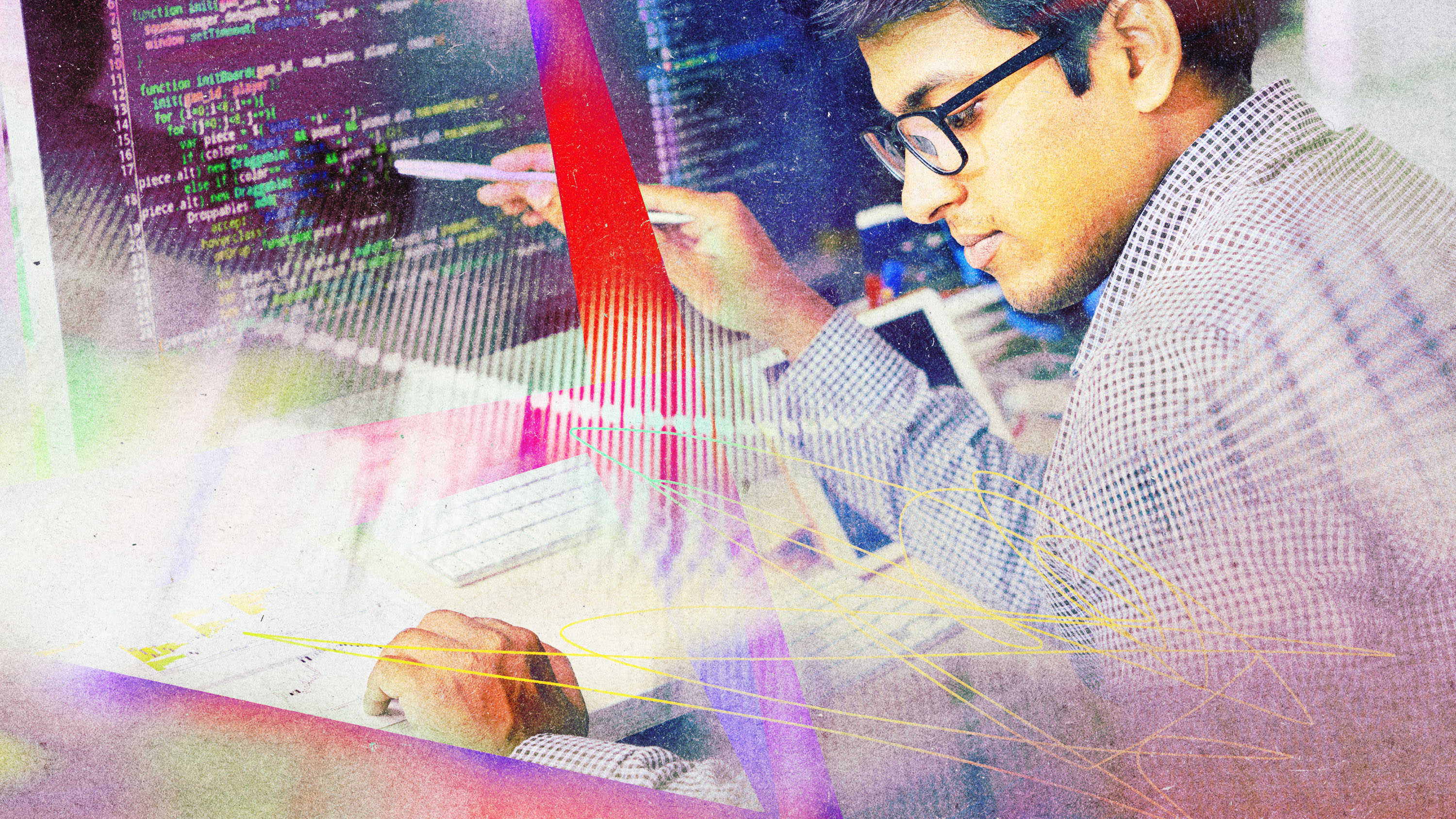 image of young person checking code on a computer screen broken apart into three pieces