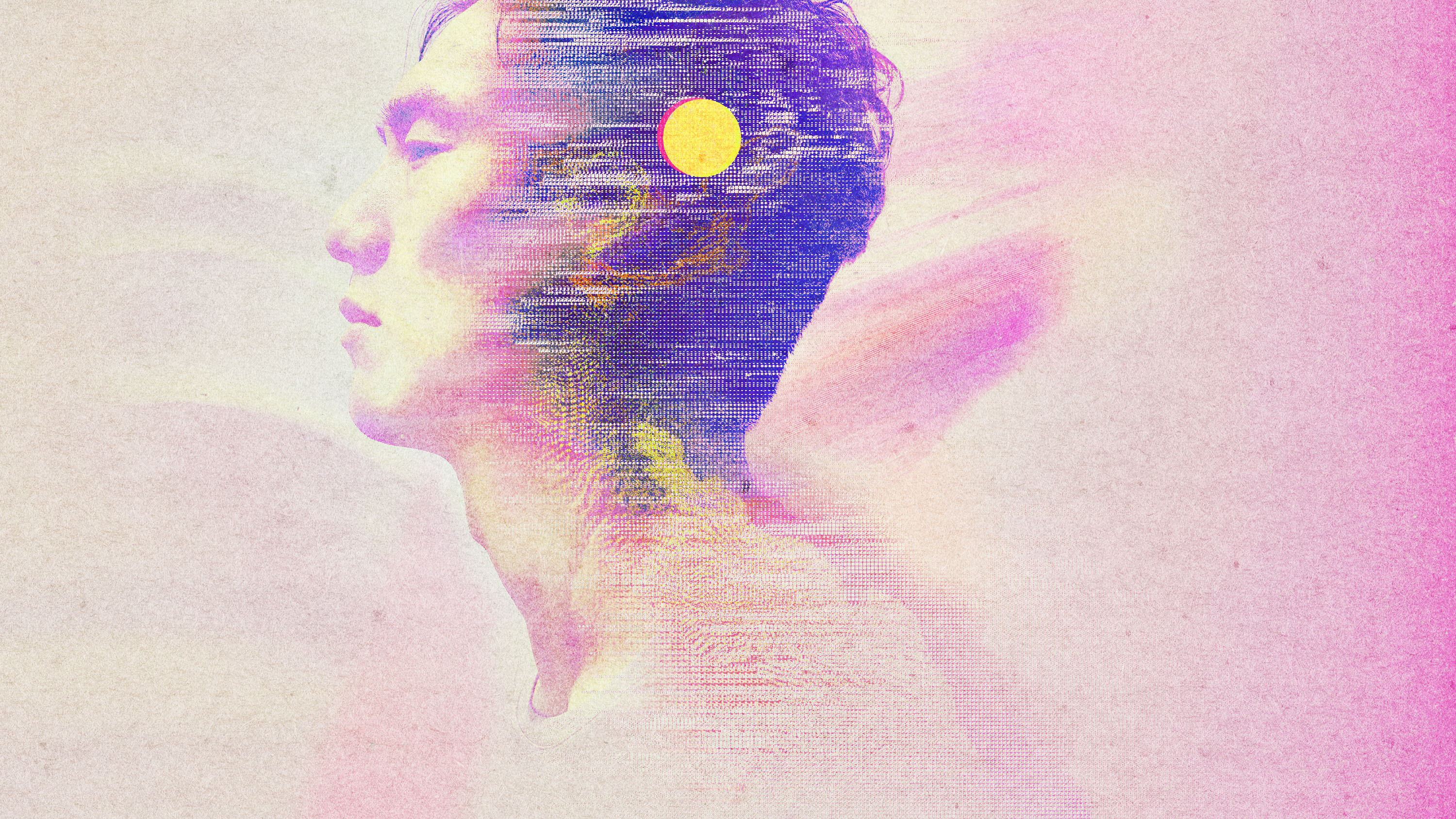 a man in profile fading into a digital pattern with a round object on the side of his head