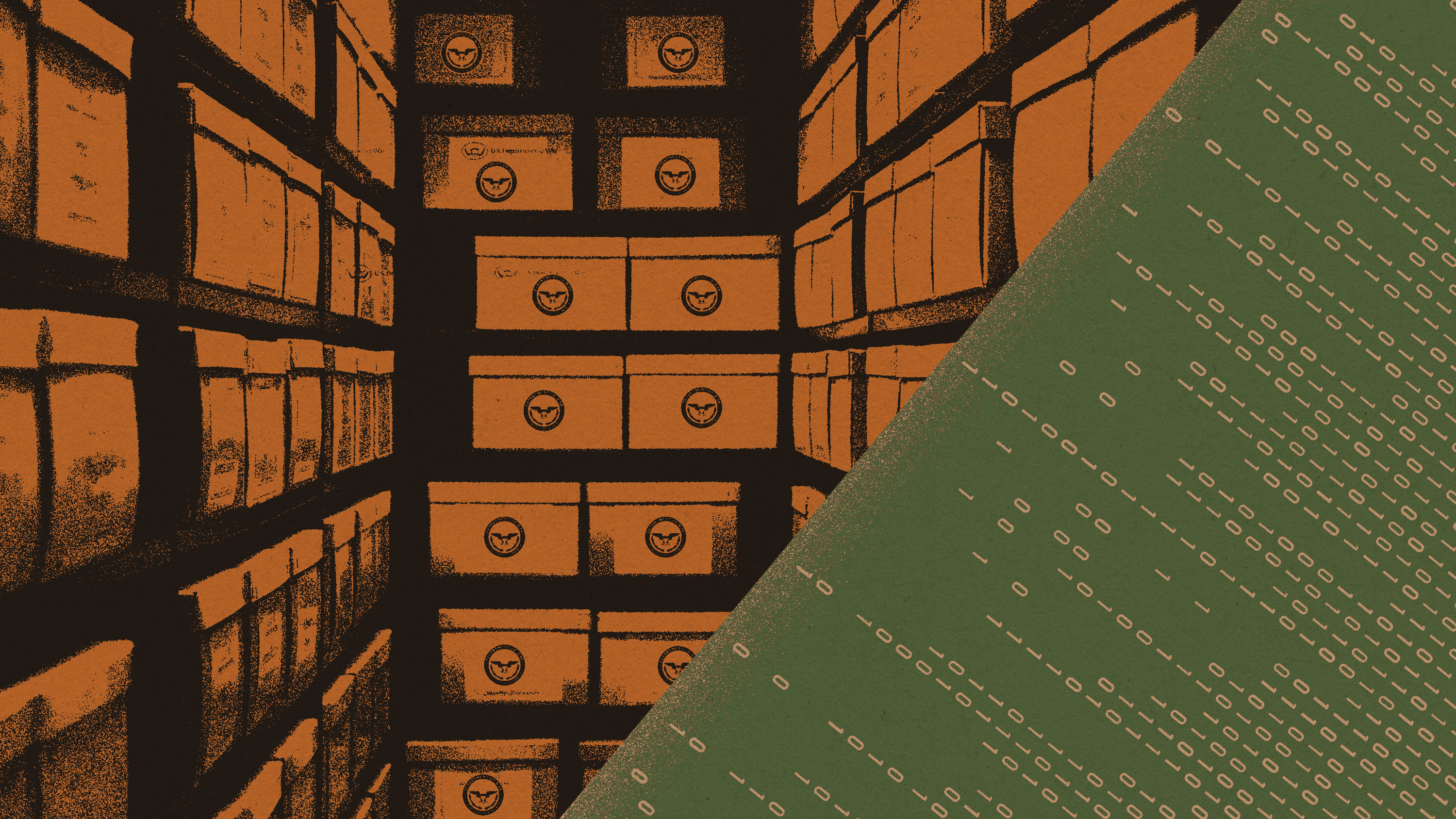 collage of a storeroom with file boxes and binary code