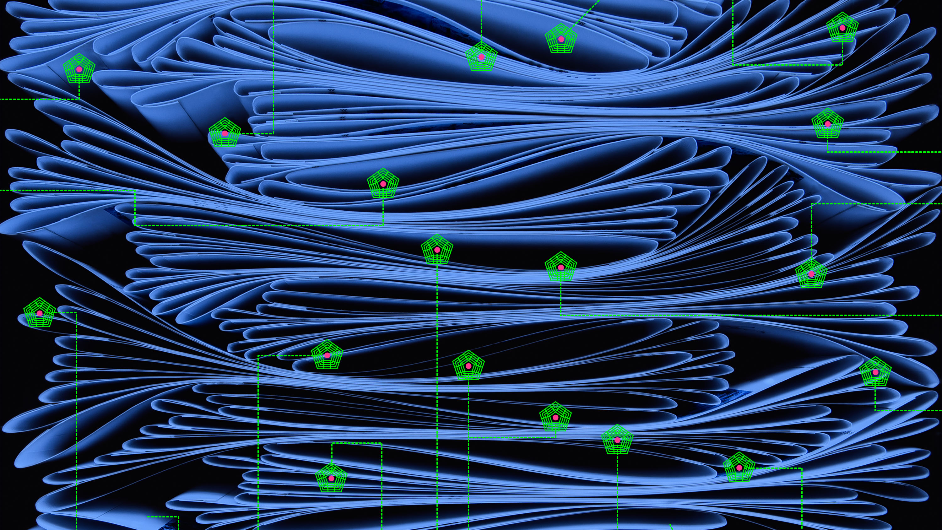 stack of paper with green glowing pentagons crawling over the surface