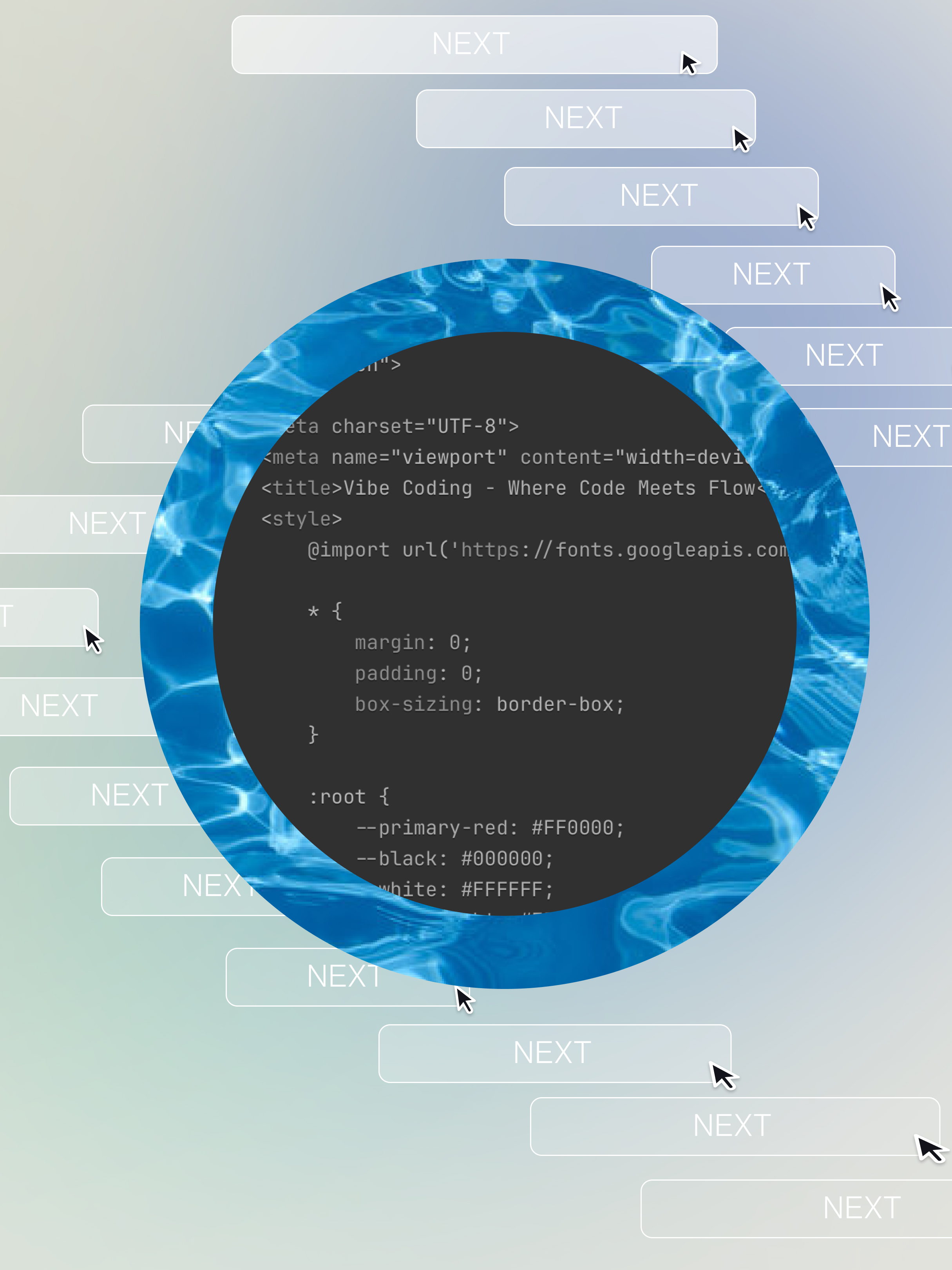A montage collage depicting a pool of code, consisting of a circle filled with typed code, layered on top of a circle masked with water. Behind the water, there’s a wave of call-to-action buttons.