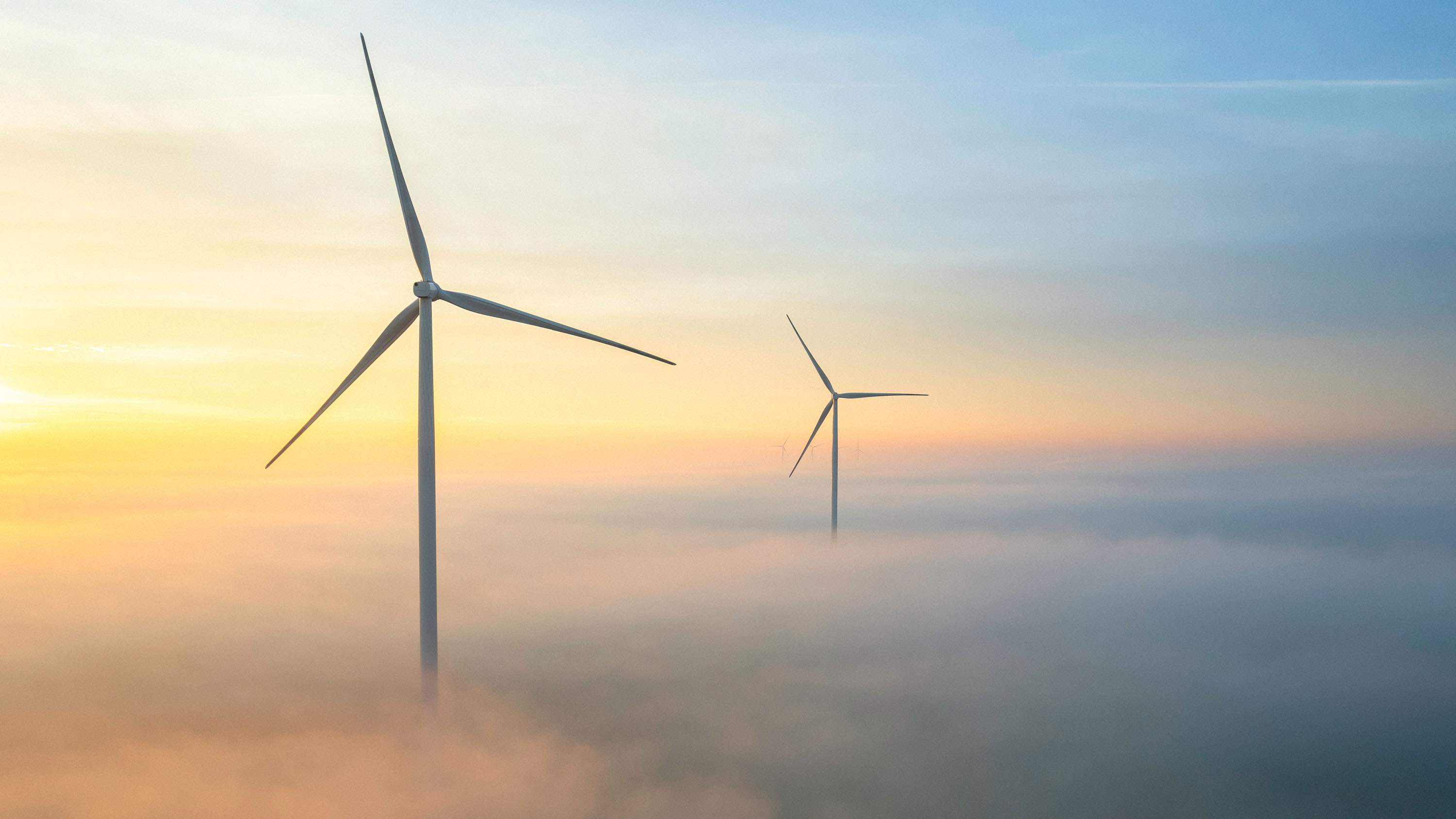 Aerial view of wind turbines with mist obscuring the ground in early morning light