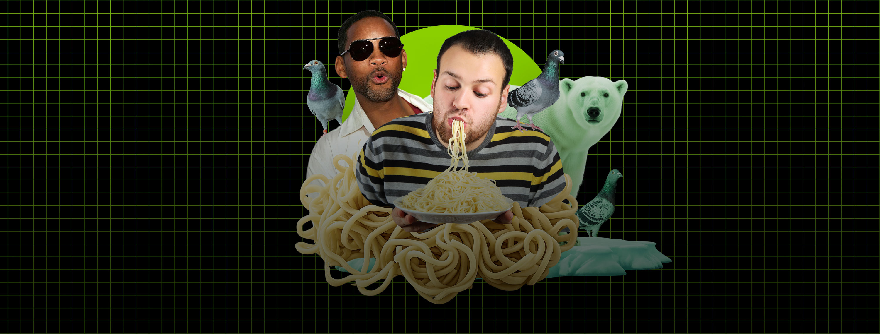 Person slurping spaghetti with a pigeon on his shoulder. Will Smith looks from behind, mouth pursed to ooh at his technique while more pigeons and a polar bear chill out on an ice floe.