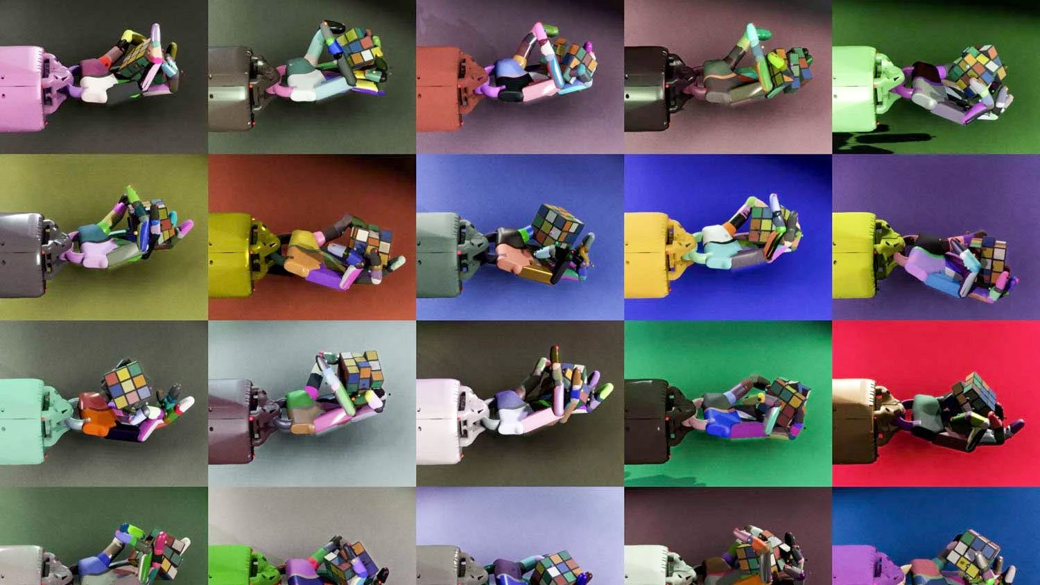 many views of the Dactyl robot hand holding a Rubix cube
