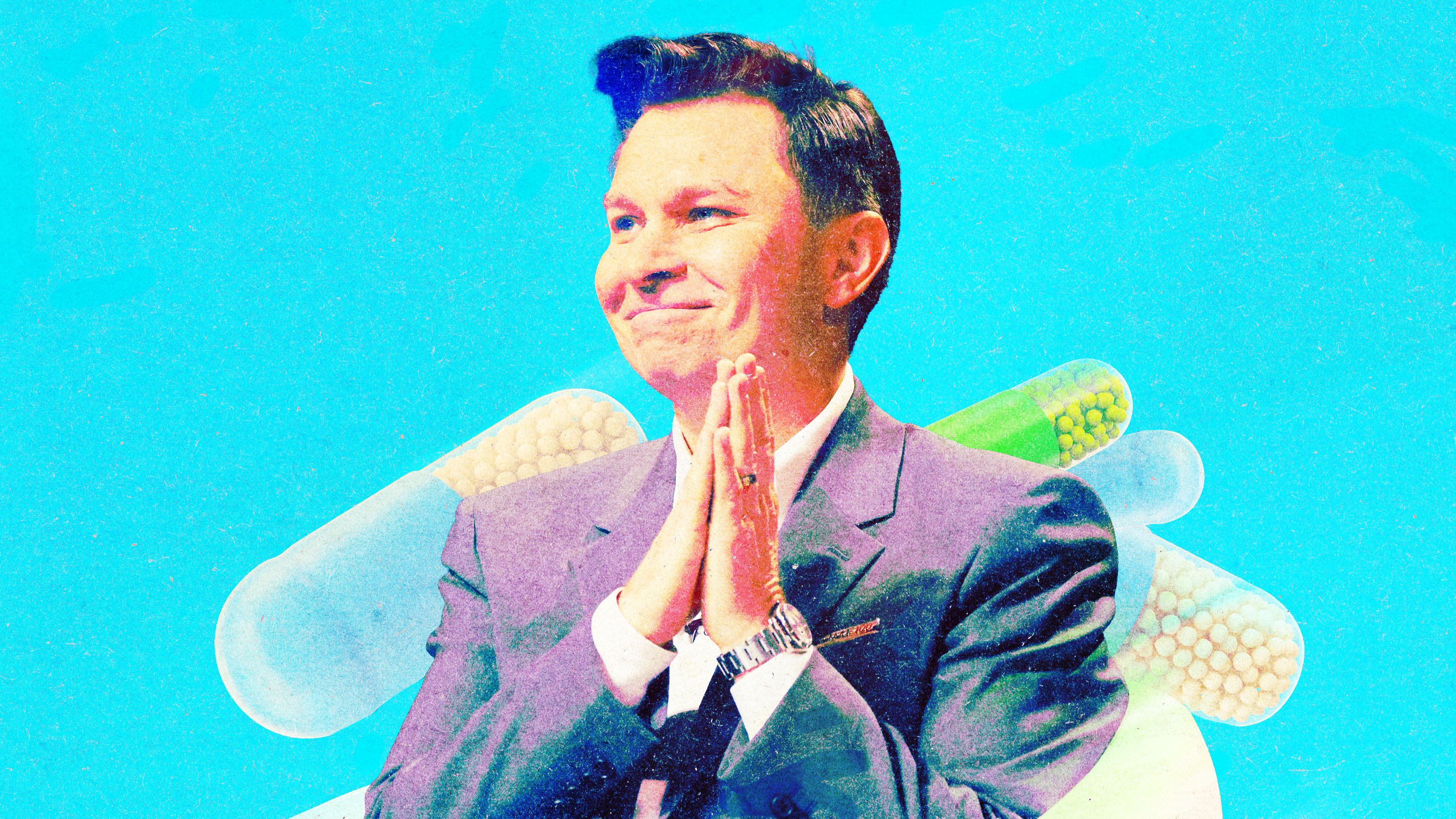 David Sinclair with hands clasped in front of him and pills floating in the air behind him