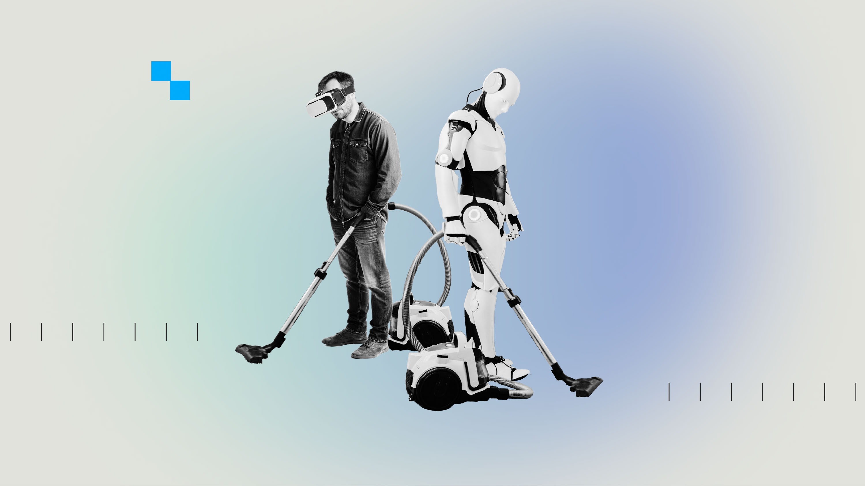 a man wearing a VR headset and a humanoid robot in a mirrored pose both listlessly hold a vacuum