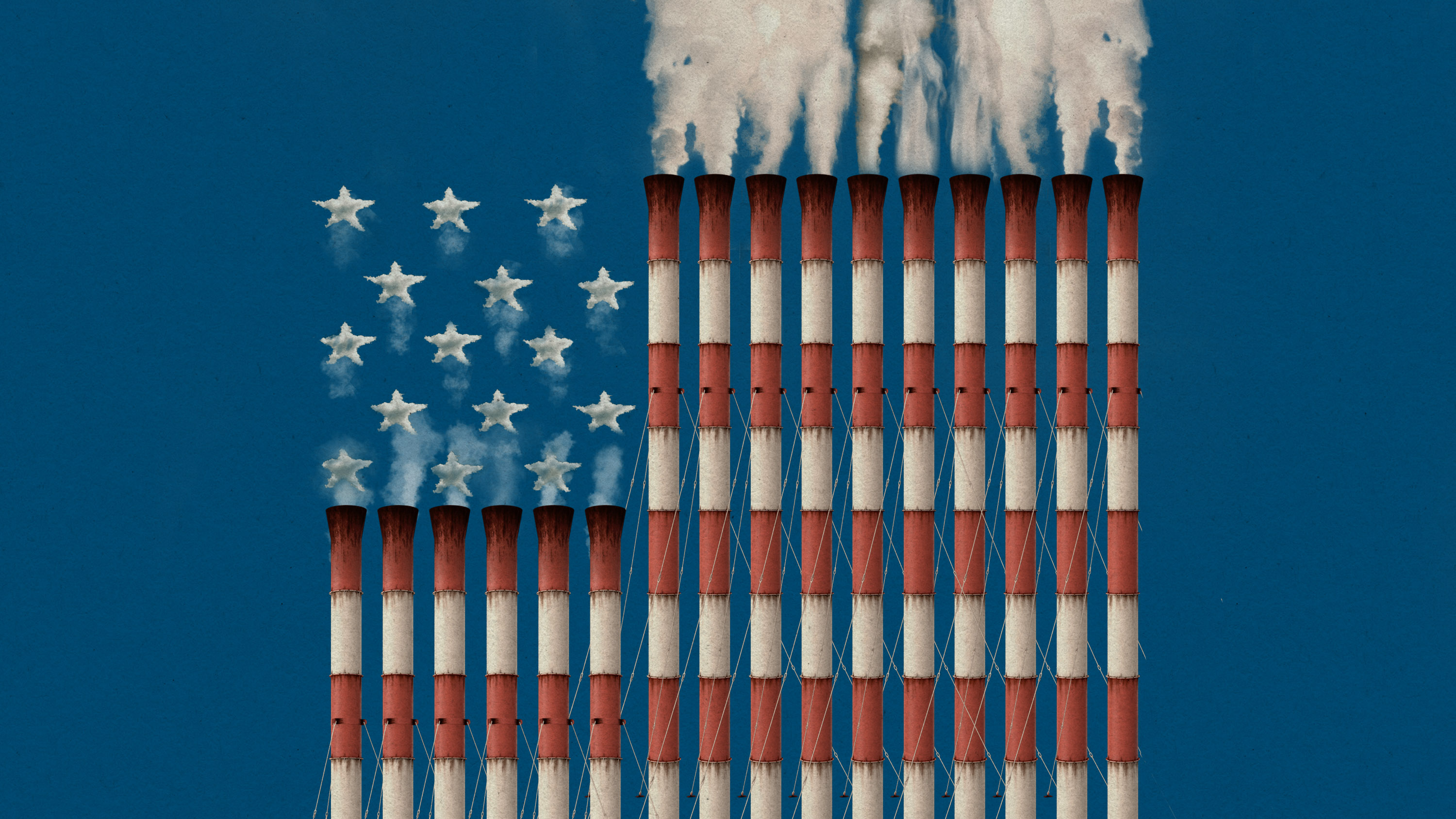 industrial smokestacks assembled to look like the US flag with clouds of emissions as stars