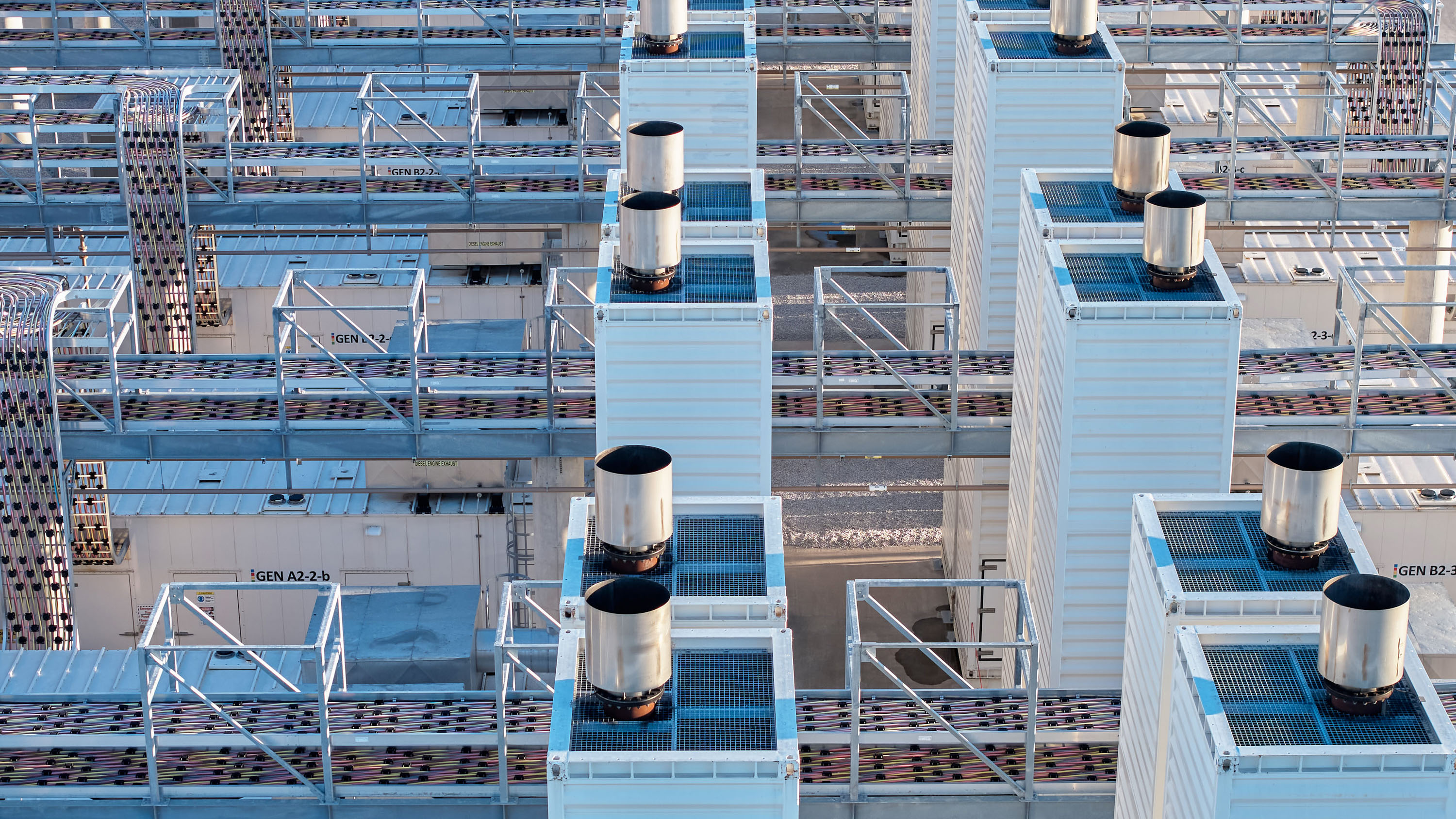 View of Google critical generators and the exhaust stacks at data center in TX