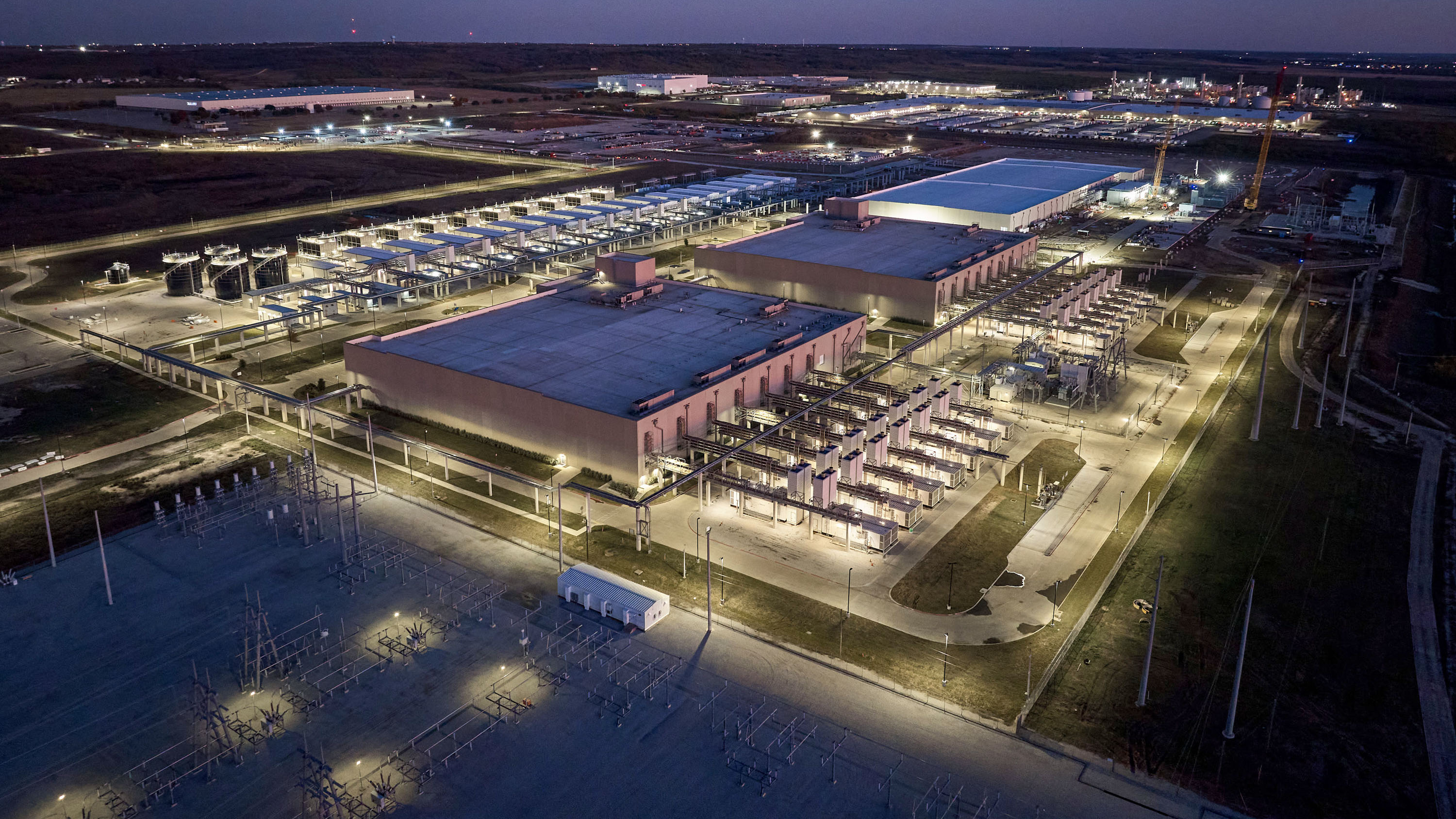 Night aerial view of the critical generators at Google's Midlothian, TX data center.